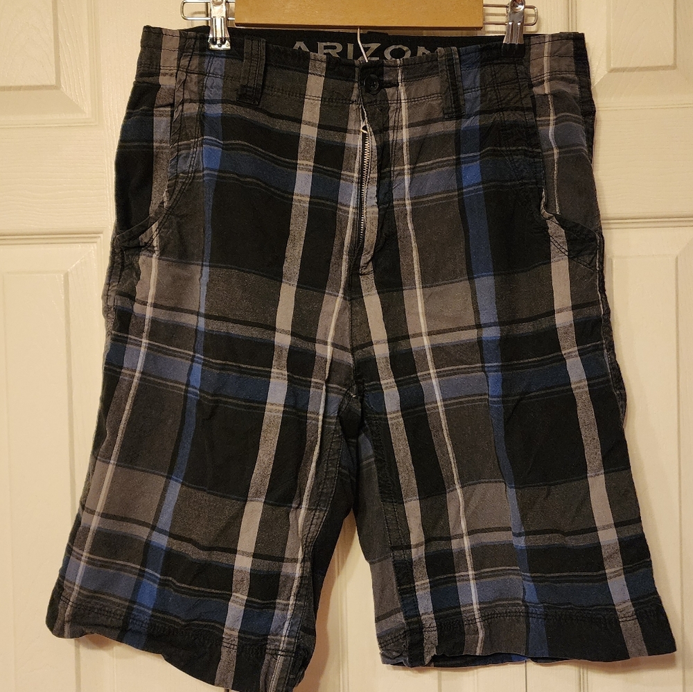 Arizona Jean Company Men's Flat Front Plaid Shorts - Black and Blue